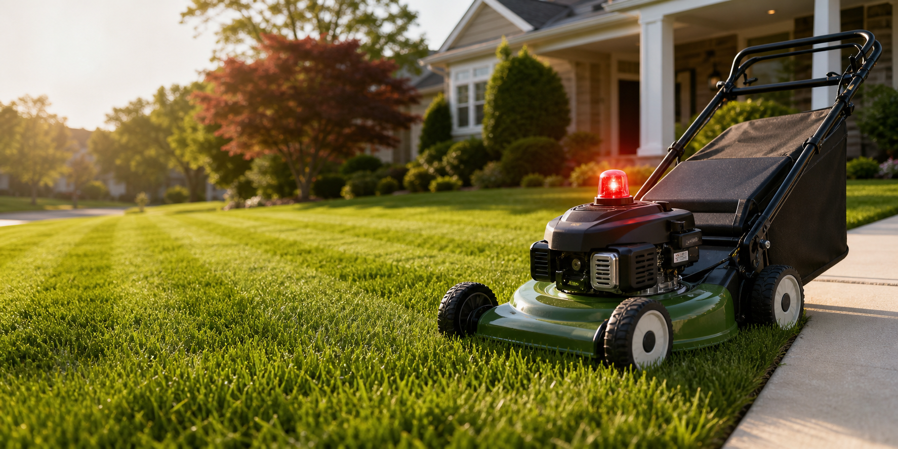 Push mower with emergency light cutting a clean residential lawn