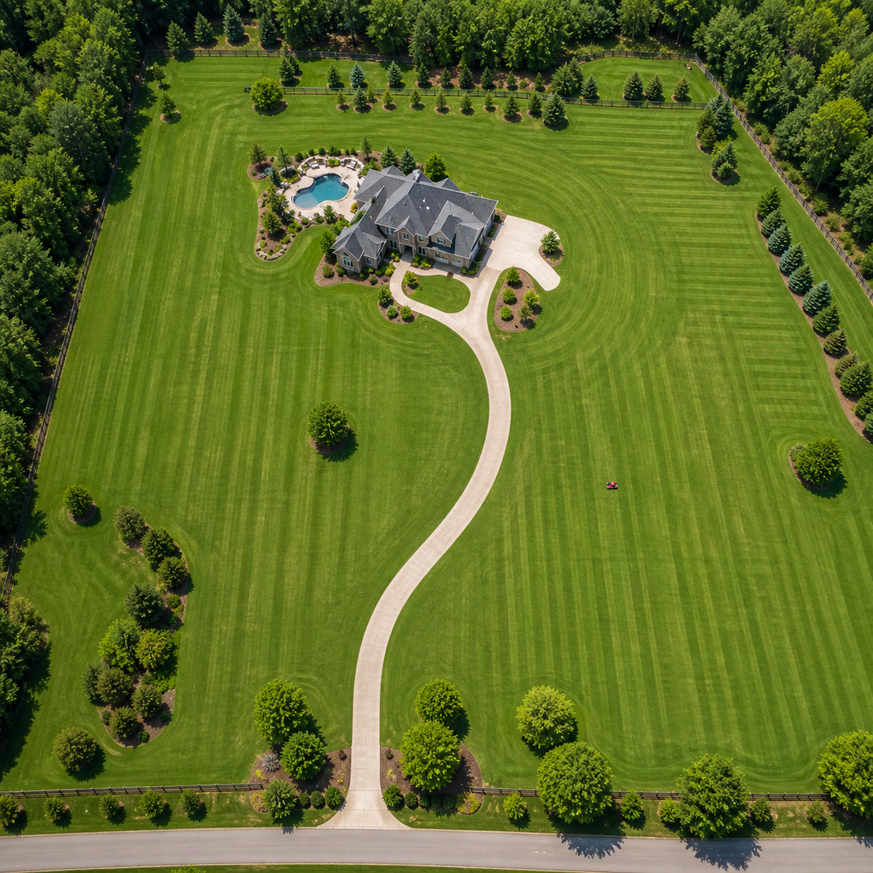 Aerial example of an extra large lawn over one and a half acres